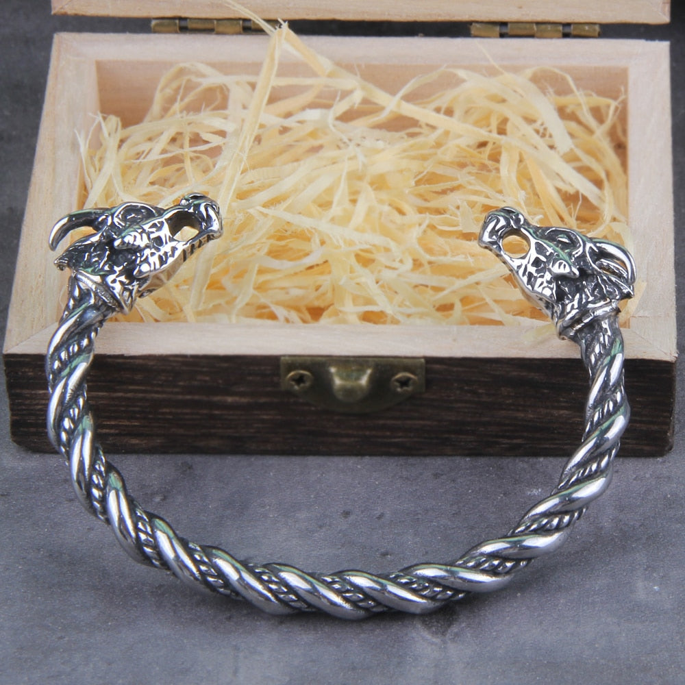 Stainless Steel Nordic Viking Norse Dragon bangle adjustable Men Wristband Cuff bracelet with Viking Wooden Box