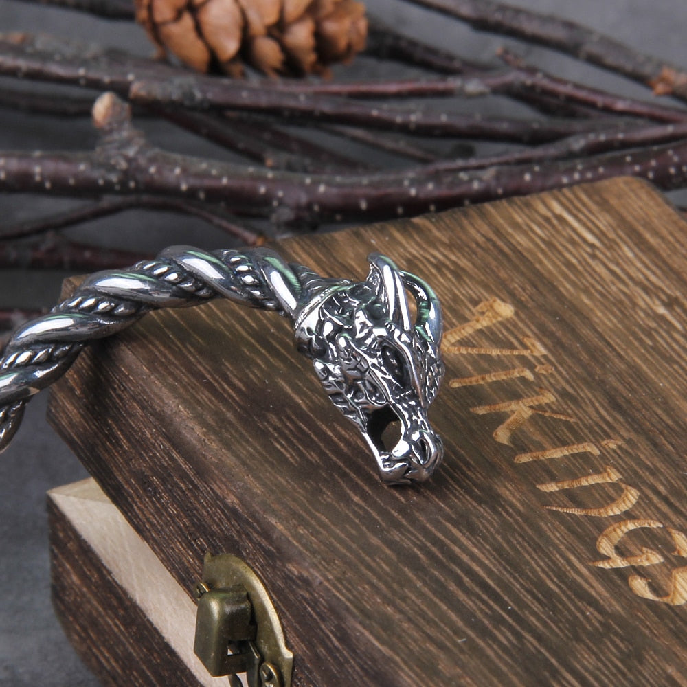 Stainless Steel Nordic Viking Norse Dragon bangle adjustable Men Wristband Cuff bracelet with Viking Wooden Box