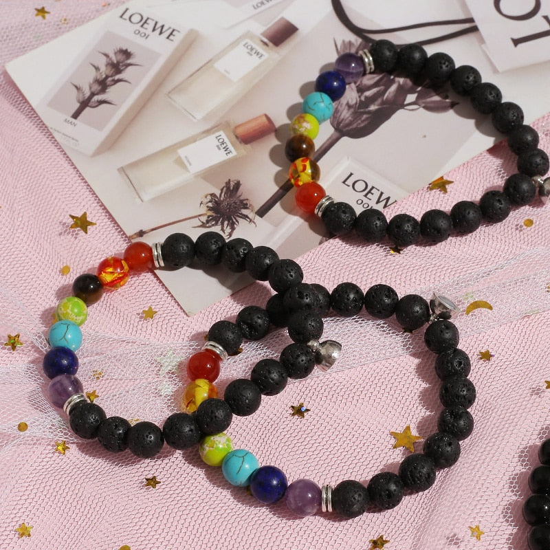 Couple Magnetite 8mm Lava Rock 7 Chakra Aromatherapy Essential Oil Diffuser Bracelet Elastic Natural Stone Beads Bangle