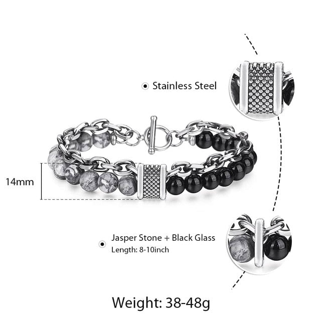 Trendsmax Natural Map Stone Mens/Womens Beaded Bracelet Stainless Steel Bracelets