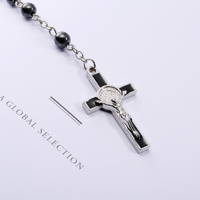 6mm hematite rosaries beads long chain necklaces men women Prayer rosary catholic  Jesus Christ cross pendant jewelry