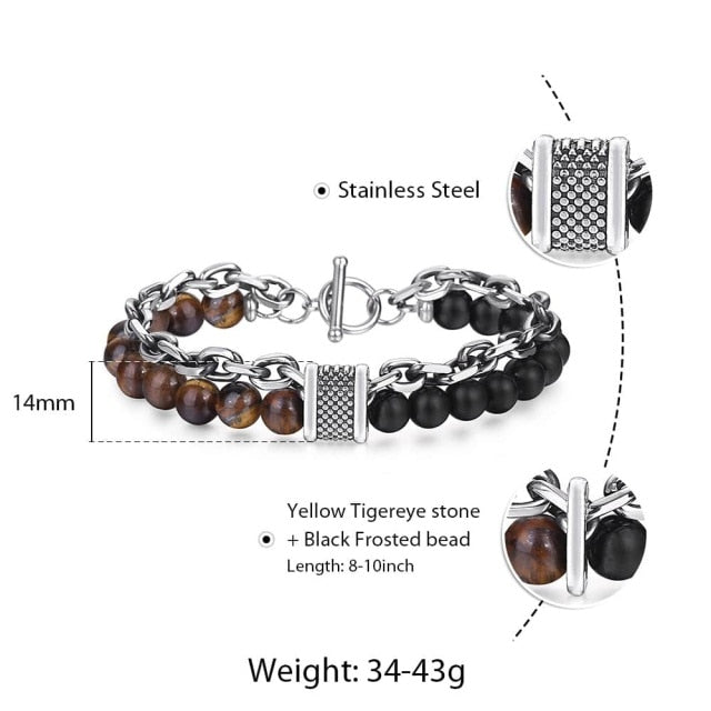 Trendsmax Natural Map Stone Mens/Womens Beaded Bracelet Stainless Steel Bracelets