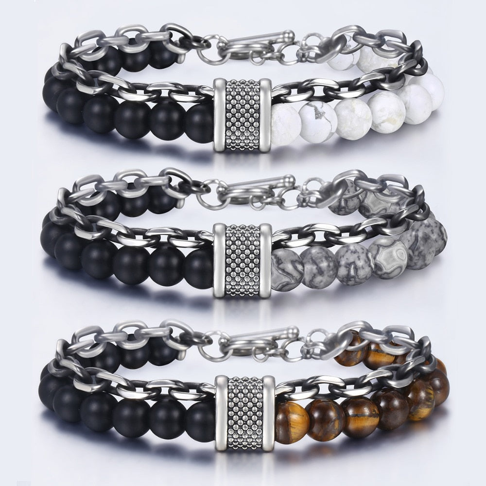 Trendsmax Natural Map Stone Mens/Womens Beaded Bracelet Stainless Steel Bracelets