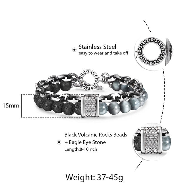 Trendsmax Natural Map Stone Mens/Womens Beaded Bracelet Stainless Steel Bracelets