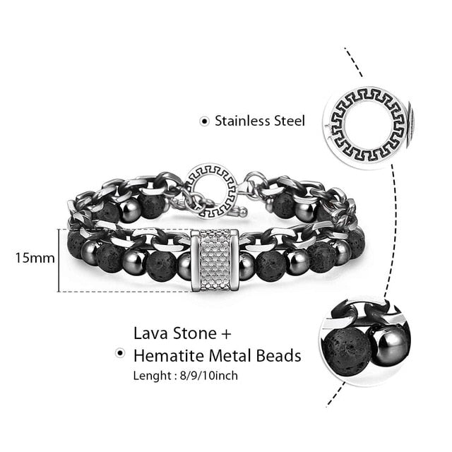 Trendsmax Natural Map Stone Mens/Womens Beaded Bracelet Stainless Steel Bracelets