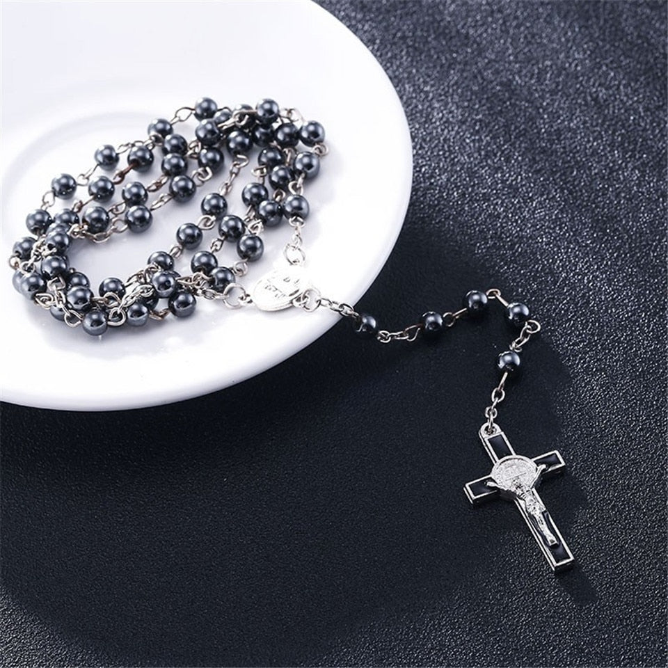 6mm hematite rosaries beads long chain necklaces men women Prayer rosary catholic  Jesus Christ cross pendant jewelry