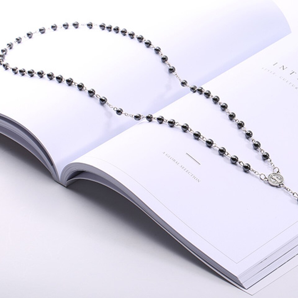 6mm hematite rosaries beads long chain necklaces men women Prayer rosary catholic  Jesus Christ cross pendant jewelry