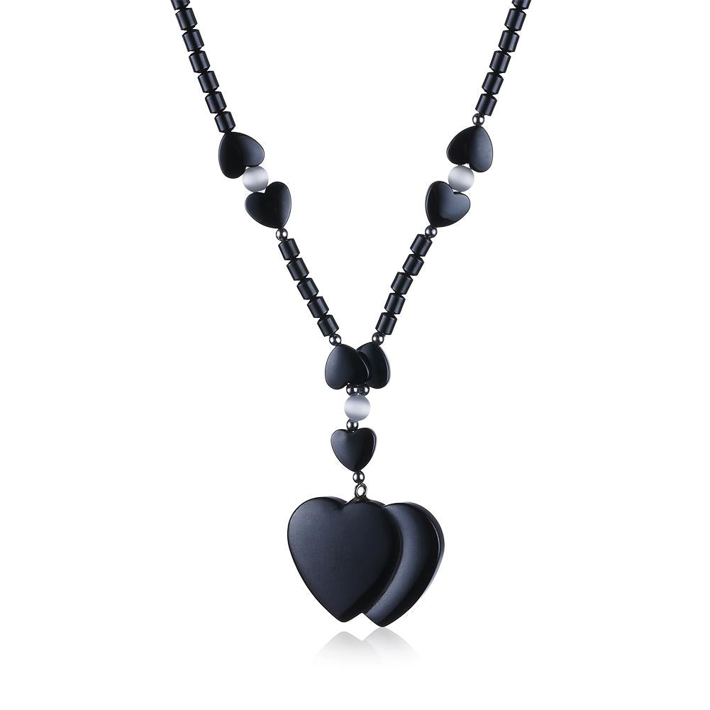 Double Heart Natural Stone Necklace in Vintage Black Gold