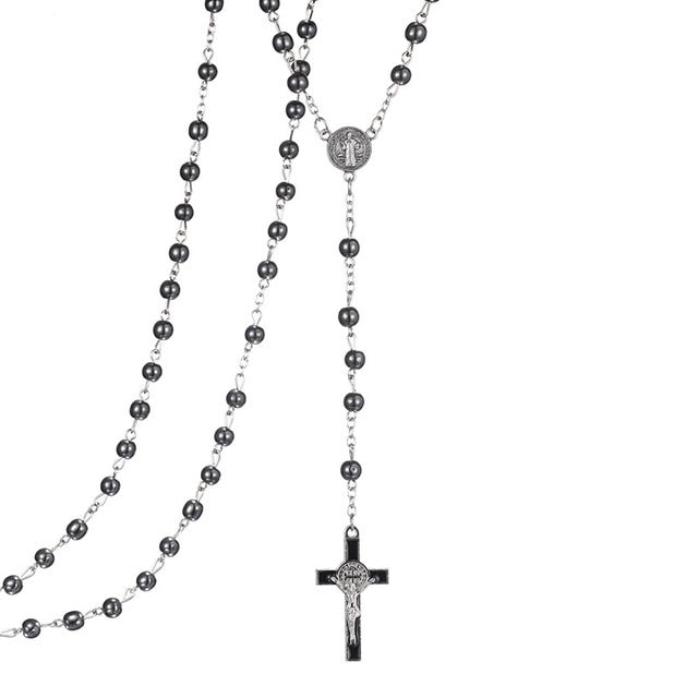 6mm hematite rosaries beads long chain necklaces men women Prayer rosary catholic  Jesus Christ cross pendant jewelry