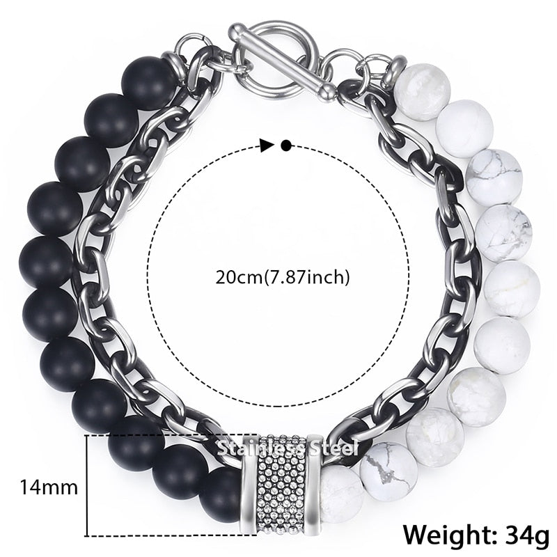 Trendsmax Natural Map Stone Mens/Womens Beaded Bracelet Stainless Steel Bracelets