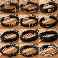 Thumbnail for Fashion Simple Natural Stones Beads Handmade Woven Leather Wrap Bracelet Men Metal Leaf Cross Skull Bracelets Bangles Jewelry