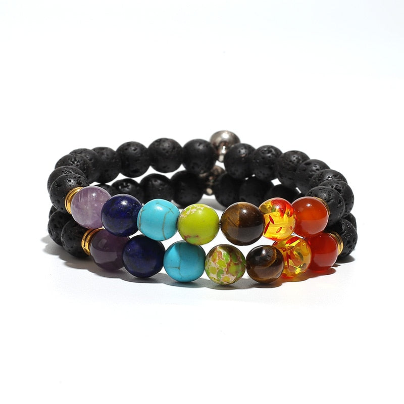 Couple Magnetite 8mm Lava Rock 7 Chakra Aromatherapy Essential Oil Diffuser Bracelet Elastic Natural Stone Beads Bangle