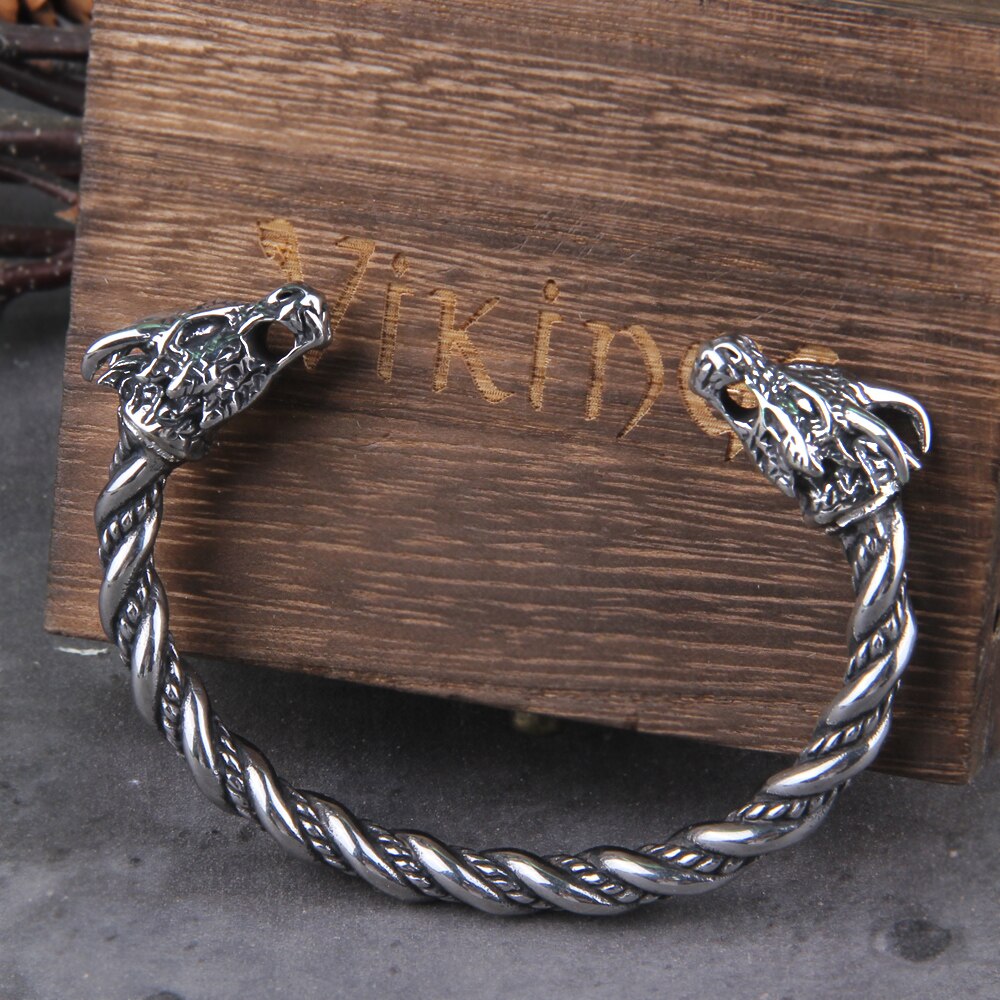 Stainless Steel Nordic Viking Norse Dragon bangle adjustable Men Wristband Cuff bracelet with Viking Wooden Box