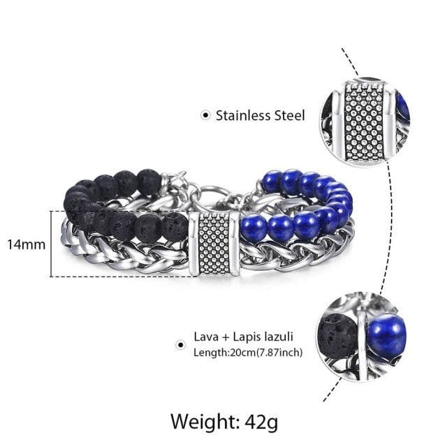 Trendsmax Natural Map Stone Mens/Womens Beaded Bracelet Stainless Steel Bracelets