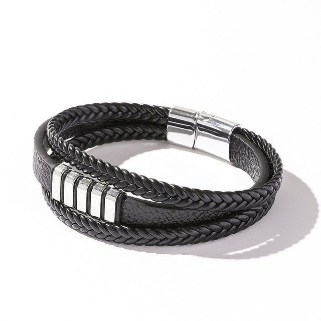 Fashion Simple Natural Stones Beads Handmade Woven Leather Wrap Bracelet Men Metal Leaf Cross Skull Bracelets Bangles Jewelry