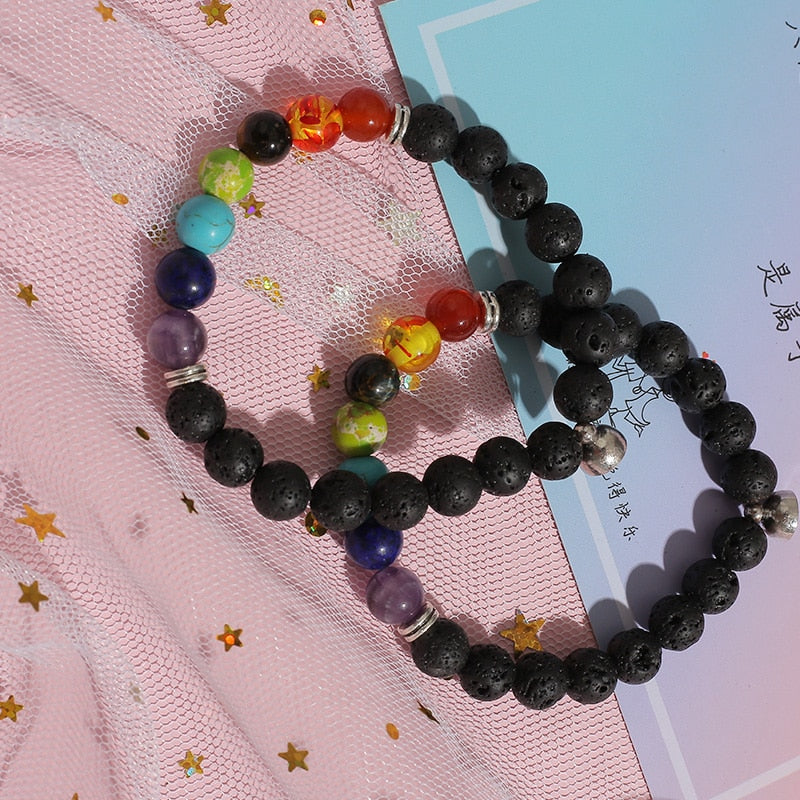 Couple Magnetite 8mm Lava Rock 7 Chakra Aromatherapy Essential Oil Diffuser Bracelet Elastic Natural Stone Beads Bangle