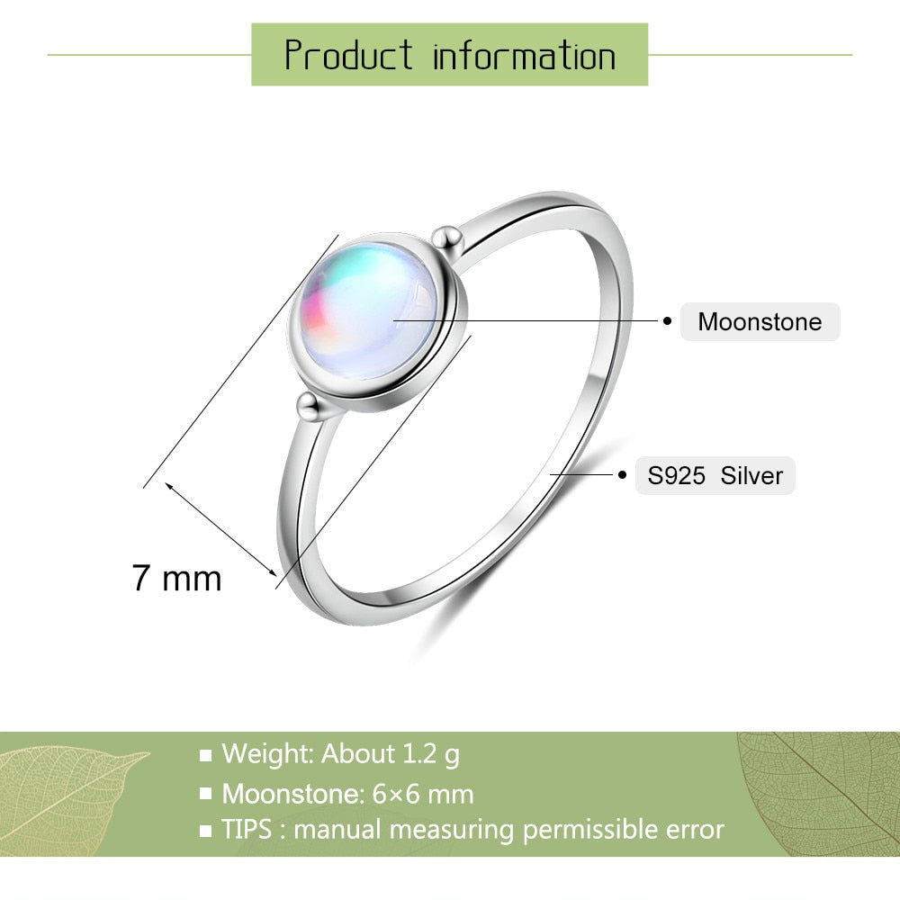 925 Sterling Silver Round Moonstone Ring Minimalist Thin Women Engagement Ring Wedding Band Silver 925 Jewelry (Lam Hub Fong)