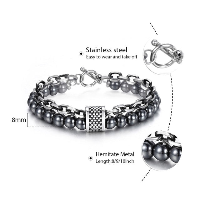 Trendsmax Natural Map Stone Mens/Womens Beaded Bracelet Stainless Steel Bracelets