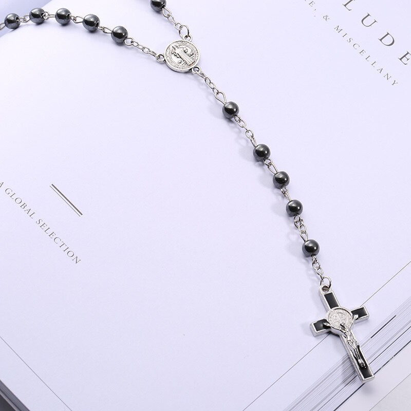 6mm hematite rosaries beads long chain necklaces men women Prayer rosary catholic  Jesus Christ cross pendant jewelry