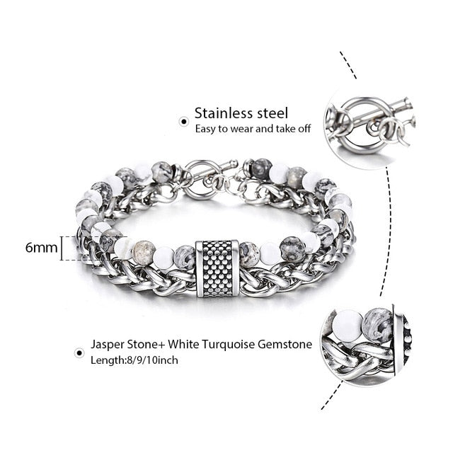 Trendsmax Natural Map Stone Mens/Womens Beaded Bracelet Stainless Steel Bracelets