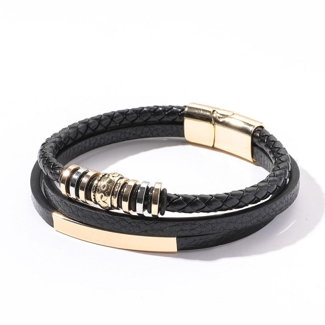 Fashion Simple Natural Stones Beads Handmade Woven Leather Wrap Bracelet Men Metal Leaf Cross Skull Bracelets Bangles Jewelry