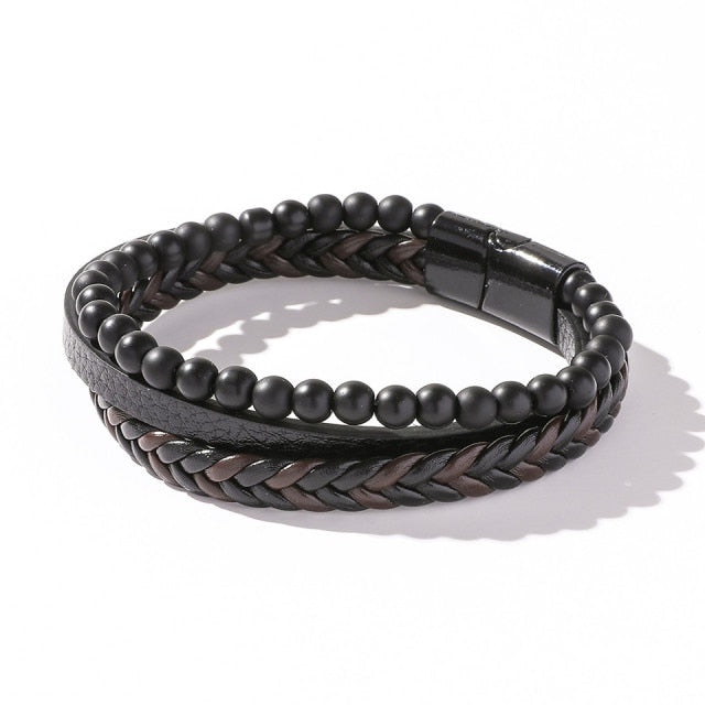 Fashion Simple Natural Stones Beads Handmade Woven Leather Wrap Bracelet Men Metal Leaf Cross Skull Bracelets Bangles Jewelry