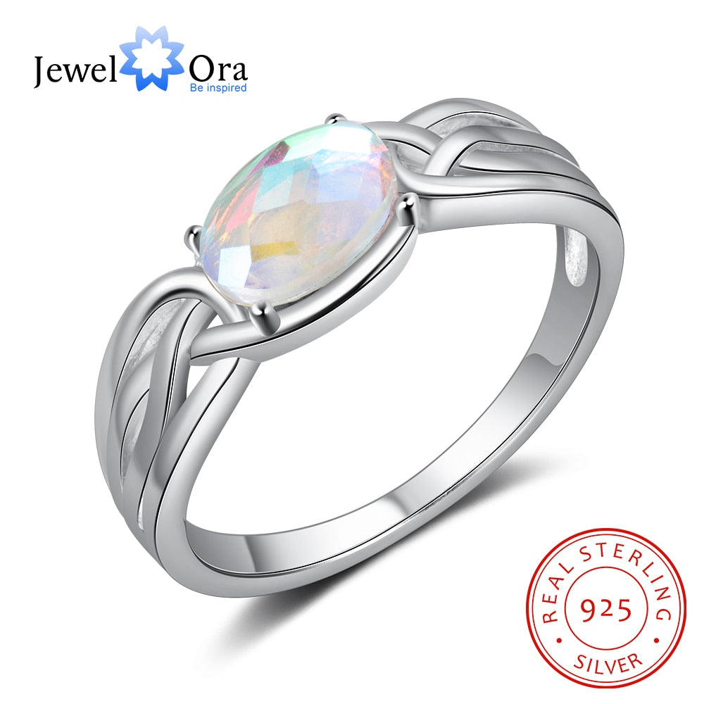 JewelOra 925 Sterling Silver Oval Rainbow Moonstone Rings for Women Silver 925 Braided Wide Ring Jewelry GIfts for Girlfriend